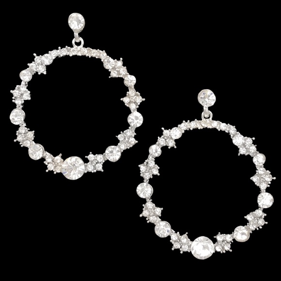 Clear Rhinestones Unique Open Circle Formal Fancy Post Drop Earrings - Picture 1 of 4